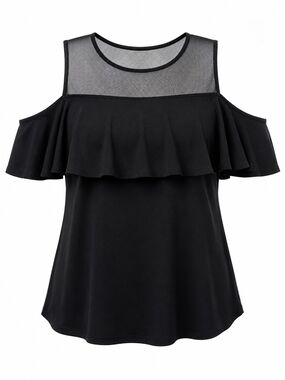 INC International Concepts Black Cold-Shoulder Ruffle Top with Sheer Yoke